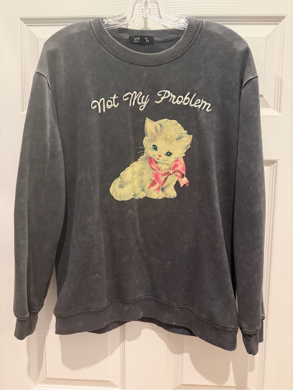 Vinyl Iconos Women's Gray Crewneck Graphic Cat Pullover Sweatshirt Size M
